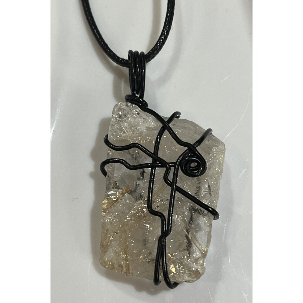 Authentic Raw Crackle Crystal Wrapped Black Wire W/ Cord 18in Healing Nature
